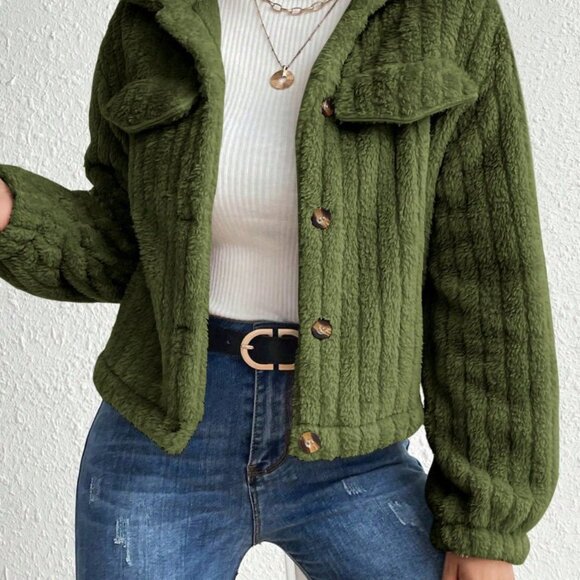 Army Green Casual Women's Long Sleeve Fluffy Jacket - Picture 7 of 7